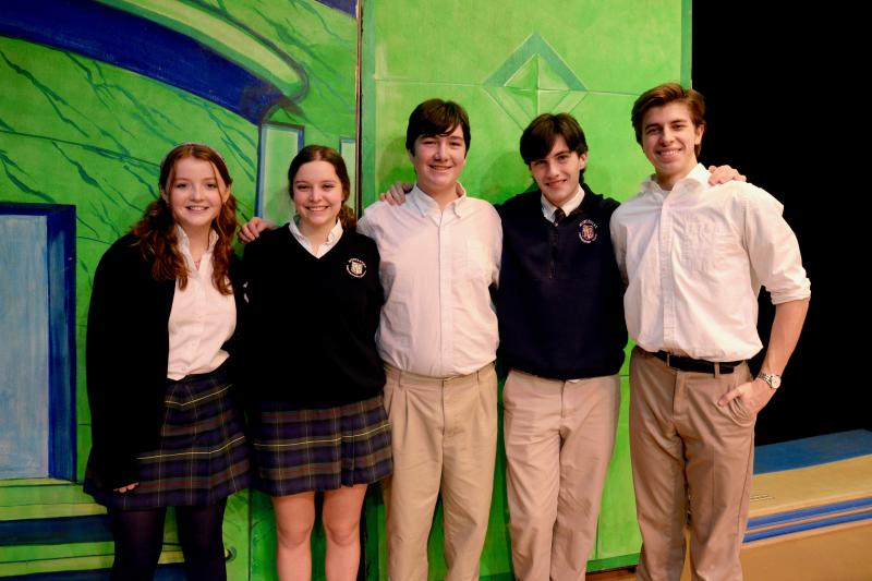 Worcester Prep Upper School leads include (l-r) senior Quinn McColgan as the Wicked Witch of the West, senior Annika Larsen as Dorothy, freshman Cayden Wallace as Cowardly Lion, senior Devin Wallace as Scarecrow and junior T.J. Bescak as Tin Man. Not pictured is sophomore Brooke Phillips as Glinda. SUBMITTED PHOTO